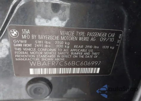 2011 BMW 535I из США, поврежденный, VIN WBAFR7C56BC606997